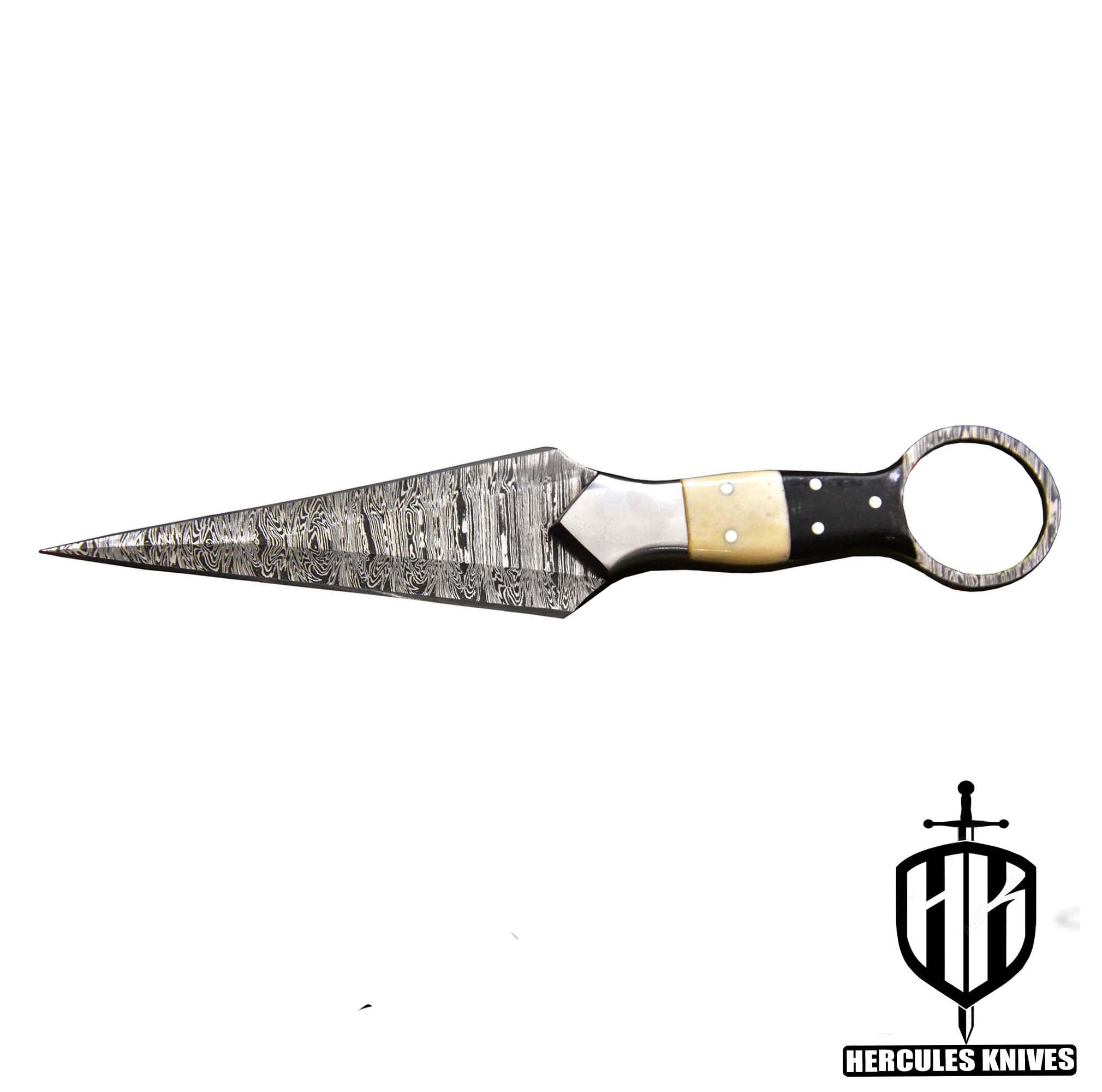 J352-Fixed Blade Boot Knife made of Custom Hand Forged Damascus Steel with Camel Bone & G-10 Micarta Handle, includes Leather Sheath Handmade Full Tang