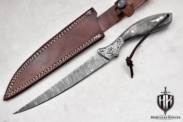 T260-Custom Hand Forged Damascus Steel Fillet Knife for Meat and Vegetable Cutting with Engraved Bolster Camel Bone Handle | Handmade | Leather Sheath