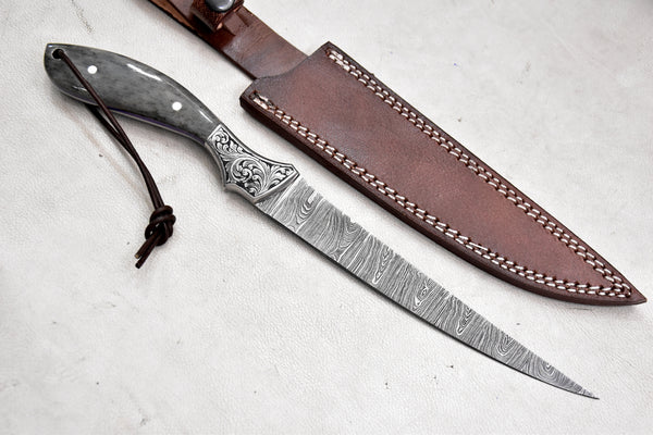 T260-Custom Hand Forged Damascus Steel Fillet Knife for Meat and Vegetable Cutting with Engraved Bolster Camel Bone Handle | Handmade | Leather Sheath