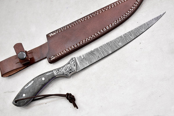 T260-Custom Hand Forged Damascus Steel Fillet Knife for Meat and Vegetable Cutting with Engraved Bolster Camel Bone Handle | Handmade | Leather Sheath