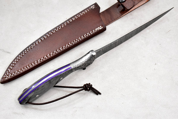 T260-Custom Hand Forged Damascus Steel Fillet Knife for Meat and Vegetable Cutting with Engraved Bolster Camel Bone Handle | Handmade | Leather Sheath