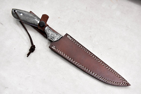 T260-Custom Hand Forged Damascus Steel Fillet Knife for Meat and Vegetable Cutting with Engraved Bolster Camel Bone Handle | Handmade | Leather Sheath