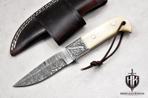 T255-Custom Hand Forged Damascus Steel Fixed Blade Camping Knife with Engraved Bolster Camel Bone Handle | Handmade | Leather Sheath