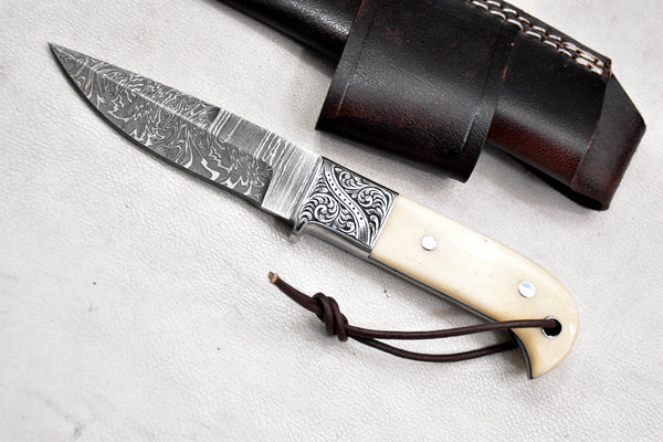 T255-Custom Hand Forged Damascus Steel Fixed Blade Camping Knife with Engraved Bolster Camel Bone Handle | Handmade | Leather Sheath