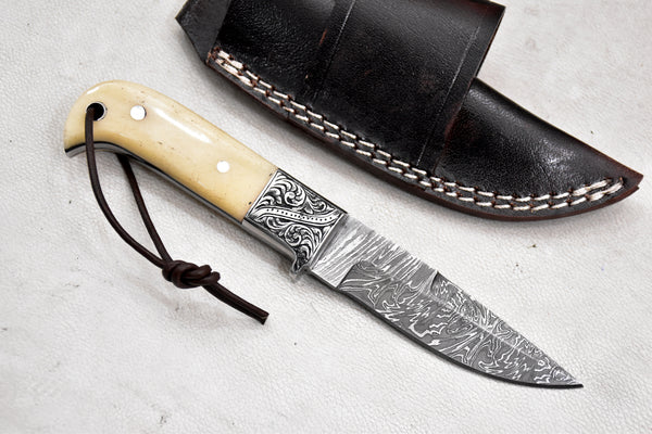 T255-Custom Hand Forged Damascus Steel Fixed Blade Camping Knife with Engraved Bolster Camel Bone Handle | Handmade | Leather Sheath