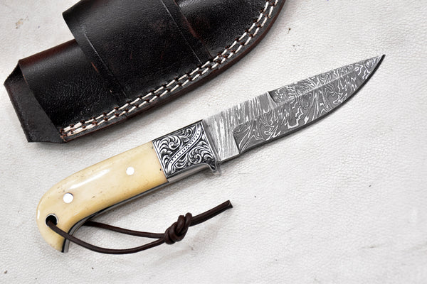 T255-Custom Hand Forged Damascus Steel Fixed Blade Camping Knife with Engraved Bolster Camel Bone Handle | Handmade | Leather Sheath