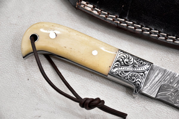 T255-Custom Hand Forged Damascus Steel Fixed Blade Camping Knife with Engraved Bolster Camel Bone Handle | Handmade | Leather Sheath