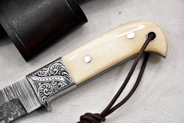 T255-Custom Hand Forged Damascus Steel Fixed Blade Camping Knife with Engraved Bolster Camel Bone Handle | Handmade | Leather Sheath