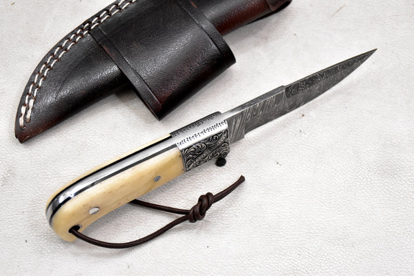T255-Custom Hand Forged Damascus Steel Fixed Blade Camping Knife with Engraved Bolster Camel Bone Handle | Handmade | Leather Sheath