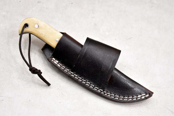 T255-Custom Hand Forged Damascus Steel Fixed Blade Camping Knife with Engraved Bolster Camel Bone Handle | Handmade | Leather Sheath