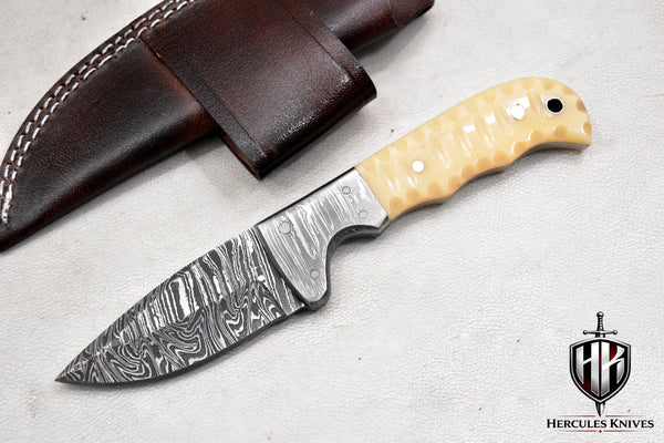 T256-Custom Hand Forged Damascus Steel Fixed Blade Camping Knife with Camel Bone Handle | Handmade | Leather Sheath