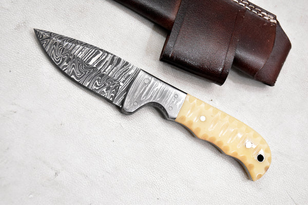 T256-Custom Hand Forged Damascus Steel Fixed Blade Camping Knife with Camel Bone Handle | Handmade | Leather Sheath