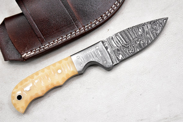 T256-Custom Hand Forged Damascus Steel Fixed Blade Camping Knife with Camel Bone Handle | Handmade | Leather Sheath