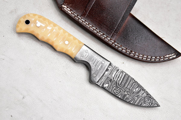 T256-Custom Hand Forged Damascus Steel Fixed Blade Camping Knife with Camel Bone Handle | Handmade | Leather Sheath