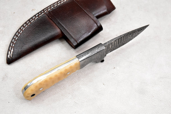 T256-Custom Hand Forged Damascus Steel Fixed Blade Camping Knife with Camel Bone Handle | Handmade | Leather Sheath