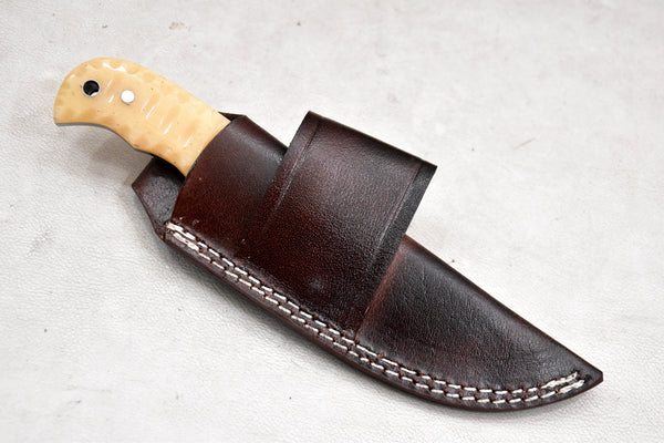 T256-Custom Hand Forged Damascus Steel Fixed Blade Camping Knife with Camel Bone Handle | Handmade | Leather Sheath