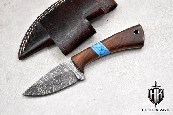 T258-Custom Hand Forged Damascus Steel Hunting Knife with Walnut Handle | Handmade | Leather Sheath