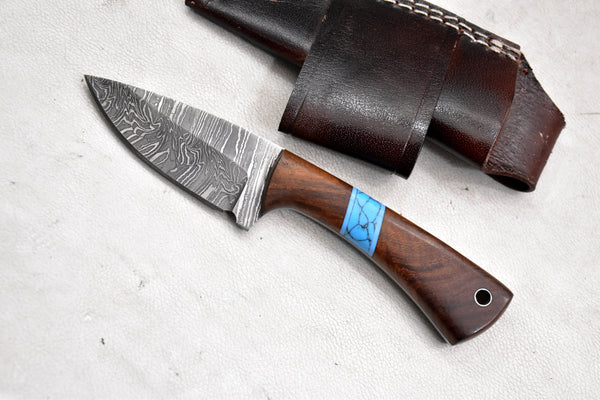 T258-Custom Hand Forged Damascus Steel Hunting Knife with Walnut Handle | Handmade | Leather Sheath