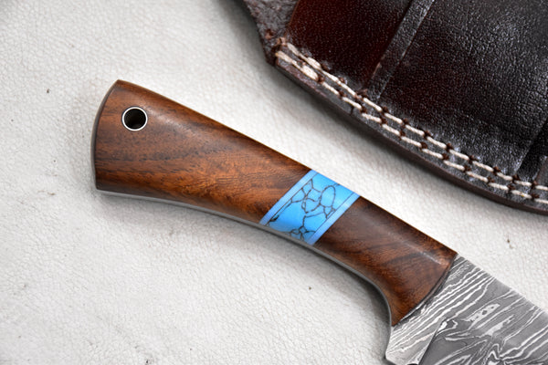 T258-Custom Hand Forged Damascus Steel Hunting Knife with Walnut Handle | Handmade | Leather Sheath