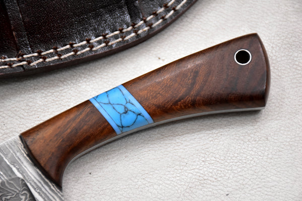 T258-Custom Hand Forged Damascus Steel Hunting Knife with Walnut Handle | Handmade | Leather Sheath