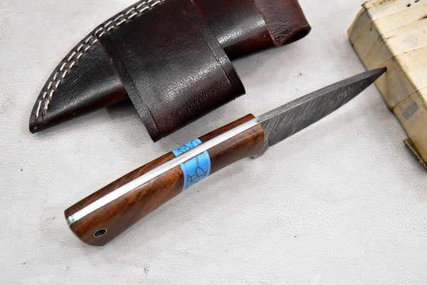 T258-Custom Hand Forged Damascus Steel Hunting Knife with Walnut Handle | Handmade | Leather Sheath