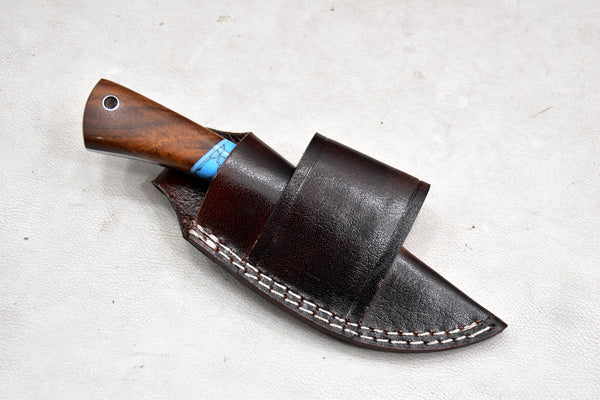 T258-Custom Hand Forged Damascus Steel Hunting Knife with Walnut Handle | Handmade | Leather Sheath