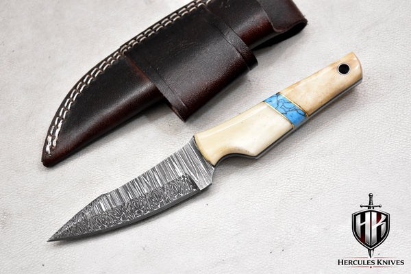 T259-Custom Hand Forged Damascus Steel Fixed Blade Camping Knife with Camel Bone Handle | Handmade | Leather Sheath