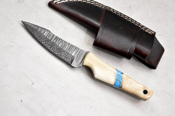 T259-Custom Hand Forged Damascus Steel Fixed Blade Camping Knife with Camel Bone Handle | Handmade | Leather Sheath