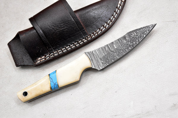 T259-Custom Hand Forged Damascus Steel Fixed Blade Camping Knife with Camel Bone Handle | Handmade | Leather Sheath