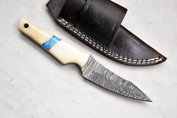 T259-Custom Hand Forged Damascus Steel Fixed Blade Camping Knife with Camel Bone Handle | Handmade | Leather Sheath