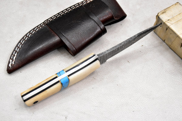 T259-Custom Hand Forged Damascus Steel Fixed Blade Camping Knife with Camel Bone Handle | Handmade | Leather Sheath