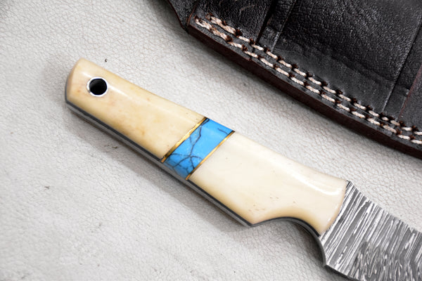 T259-Custom Hand Forged Damascus Steel Fixed Blade Camping Knife with Camel Bone Handle | Handmade | Leather Sheath