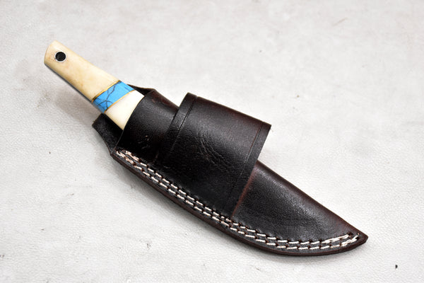 T259-Custom Hand Forged Damascus Steel Fixed Blade Camping Knife with Camel Bone Handle | Handmade | Leather Sheath