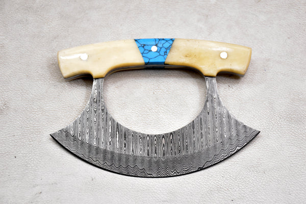 T261-Custom Damascus Steel Ulu Knife Traditional Alaskan Damascus Ulu Knife with sheath Multi-Purpose Pizza Cutter, Vegetable Chopping, Boning Slicing Cutting with Camel Bone Handle | Handmade | Leather Sheath