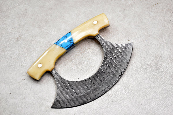 T261-Custom Damascus Steel Ulu Knife Traditional Alaskan Damascus Ulu Knife with sheath Multi-Purpose Pizza Cutter, Vegetable Chopping, Boning Slicing Cutting with Camel Bone Handle | Handmade | Leather Sheath
