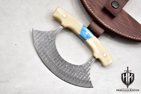 T261-Custom Damascus Steel Ulu Knife Traditional Alaskan Damascus Ulu Knife with sheath Multi-Purpose Pizza Cutter, Vegetable Chopping, Boning Slicing Cutting with Camel Bone Handle | Handmade | Leather Sheath