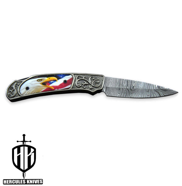 Custom Hand Forged Damascus Steel PVD Black Grey Coating Folding Knife Handmade Camel Bone Red Indian 3D Wax Laser Printing Handle