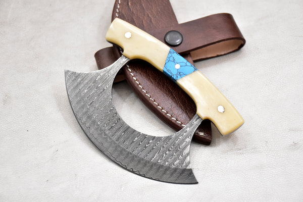 T261-Custom Damascus Steel Ulu Knife Traditional Alaskan Damascus Ulu Knife with sheath Multi-Purpose Pizza Cutter, Vegetable Chopping, Boning Slicing Cutting with Camel Bone Handle | Handmade | Leather Sheath