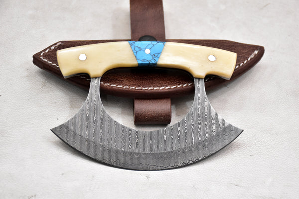 T261-Custom Damascus Steel Ulu Knife Traditional Alaskan Damascus Ulu Knife with sheath Multi-Purpose Pizza Cutter, Vegetable Chopping, Boning Slicing Cutting with Camel Bone Handle | Handmade | Leather Sheath