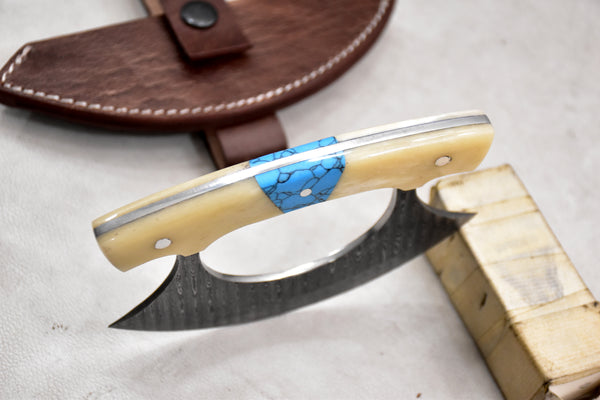 T261-Custom Damascus Steel Ulu Knife Traditional Alaskan Damascus Ulu Knife with sheath Multi-Purpose Pizza Cutter, Vegetable Chopping, Boning Slicing Cutting with Camel Bone Handle | Handmade | Leather Sheath