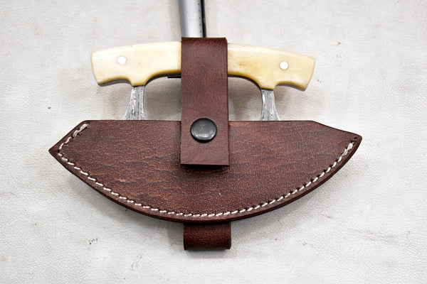 T261-Custom Damascus Steel Ulu Knife Traditional Alaskan Damascus Ulu Knife with sheath Multi-Purpose Pizza Cutter, Vegetable Chopping, Boning Slicing Cutting with Camel Bone Handle | Handmade | Leather Sheath