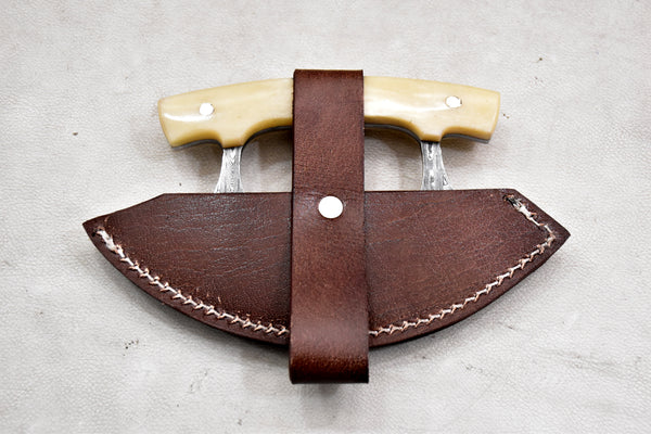 T261-Custom Damascus Steel Ulu Knife Traditional Alaskan Damascus Ulu Knife with sheath Multi-Purpose Pizza Cutter, Vegetable Chopping, Boning Slicing Cutting with Camel Bone Handle | Handmade | Leather Sheath