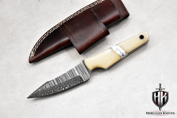 T262-Custom Hand Forged Damascus Steel Fixed Blade Camping Knife with Camel Bone Handle | Handmade | Leather Sheath