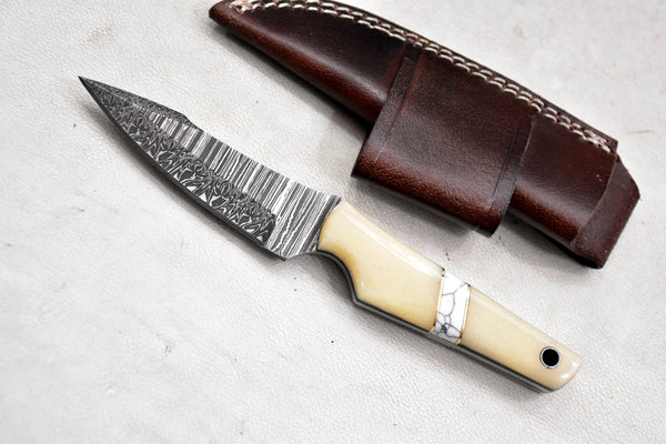T262-Custom Hand Forged Damascus Steel Fixed Blade Camping Knife with Camel Bone Handle | Handmade | Leather Sheath