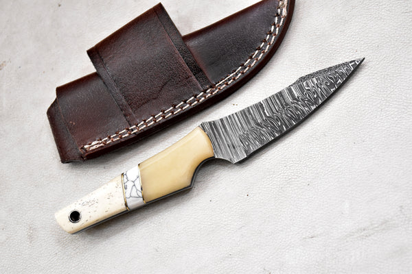 T262-Custom Hand Forged Damascus Steel Fixed Blade Camping Knife with Camel Bone Handle | Handmade | Leather Sheath