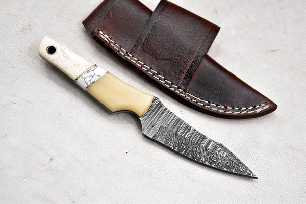T262-Custom Hand Forged Damascus Steel Fixed Blade Camping Knife with Camel Bone Handle | Handmade | Leather Sheath