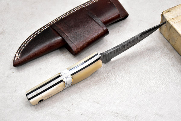 T262-Custom Hand Forged Damascus Steel Fixed Blade Camping Knife with Camel Bone Handle | Handmade | Leather Sheath