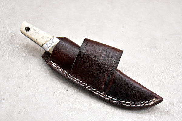 T262-Custom Hand Forged Damascus Steel Fixed Blade Camping Knife with Camel Bone Handle | Handmade | Leather Sheath