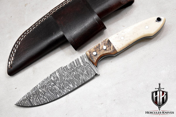 T263-Custom Hand Forged Damascus Steel Fixed Blade Camping Knife with Camel Bone & Rams Horn Handle | Handmade | Leather Sheath