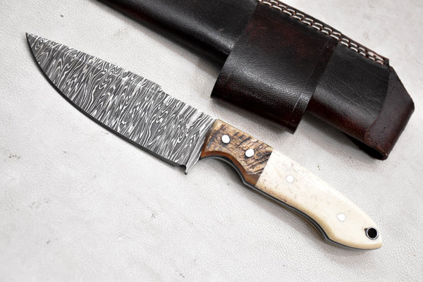 T263-Custom Hand Forged Damascus Steel Fixed Blade Camping Knife with Camel Bone & Rams Horn Handle | Handmade | Leather Sheath